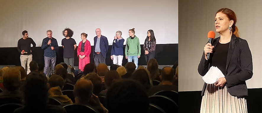 Bild 1: Links: Die Protagonisten des Films nach der Premiere / Rechts: Hannah Lupper, die Vorsitzende des Friedrichshain-Kreuzberger Kulturausschusses bei ihrem Grußwort